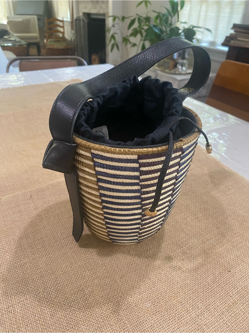 Cesta Woven Mini Bucket Bag with Black Leather Handle in Navy and Cream